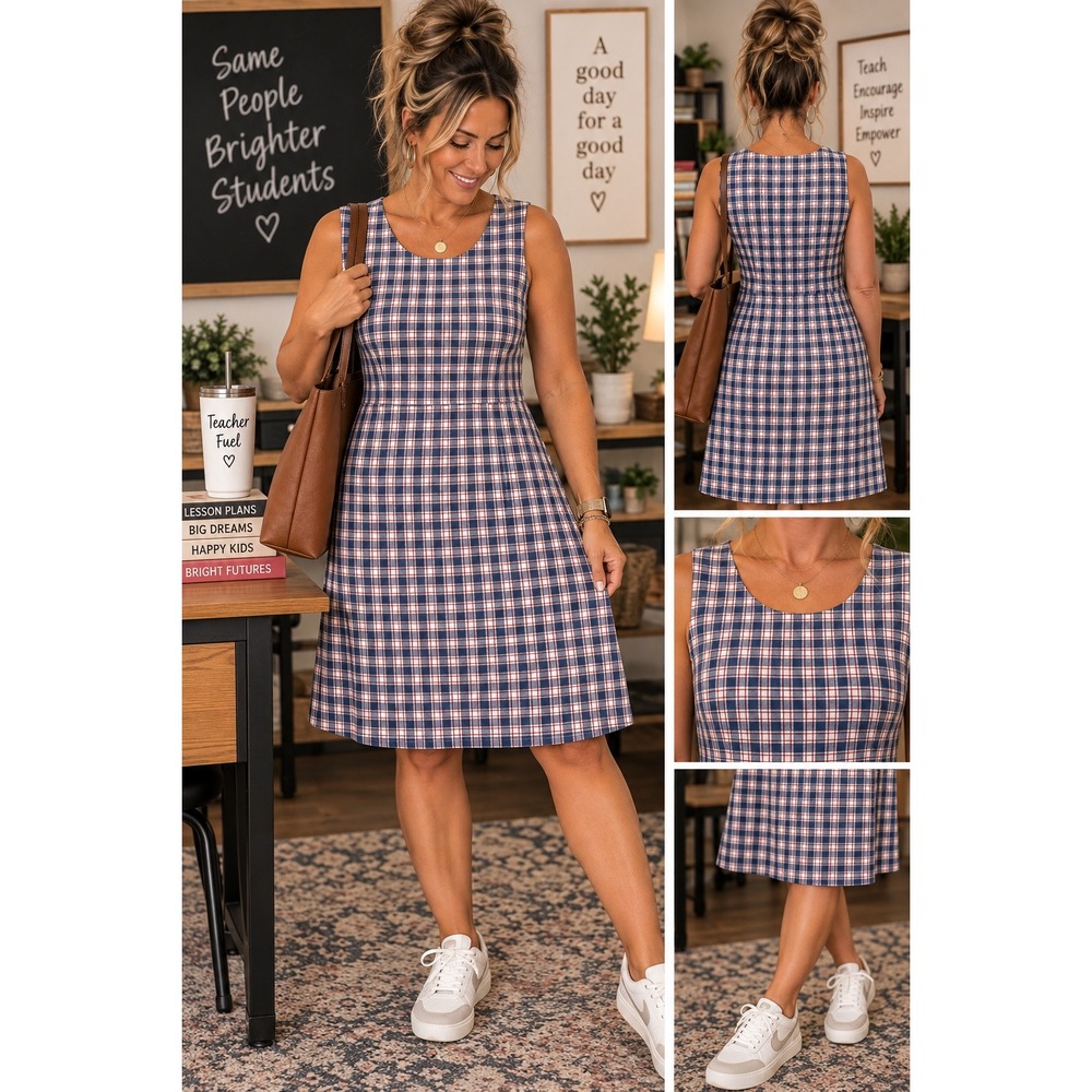 Handmade Plaid Sleeveless Shift Dress Medium Navy Blue Red White